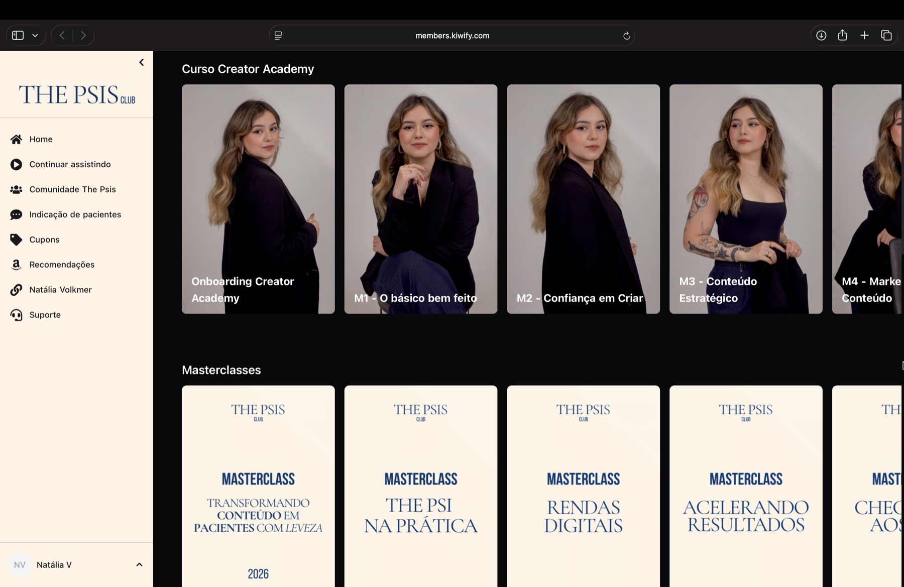 Área de membros do The Psis Club, com módulos do Curso Creator Academy e Masterclasses